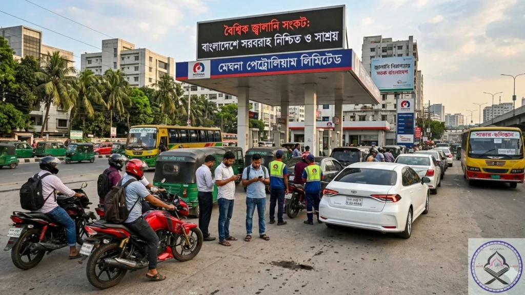 বাংলাদেশে জ্বালানি সংকট ও তেলের পাম্পে ভিড়"।